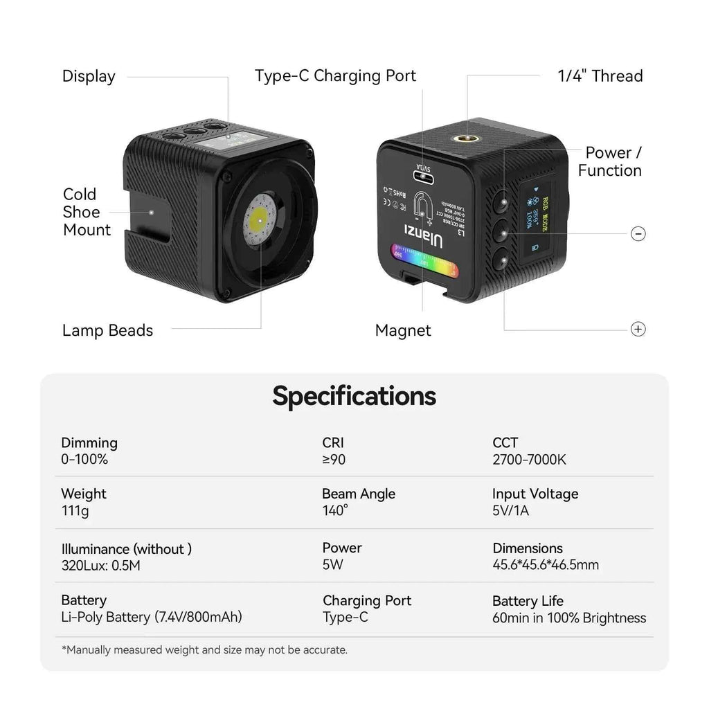 Ulanzi L3 RGB LED Waterproof Video Light Mini Magnetic Cube 2700K 7000K