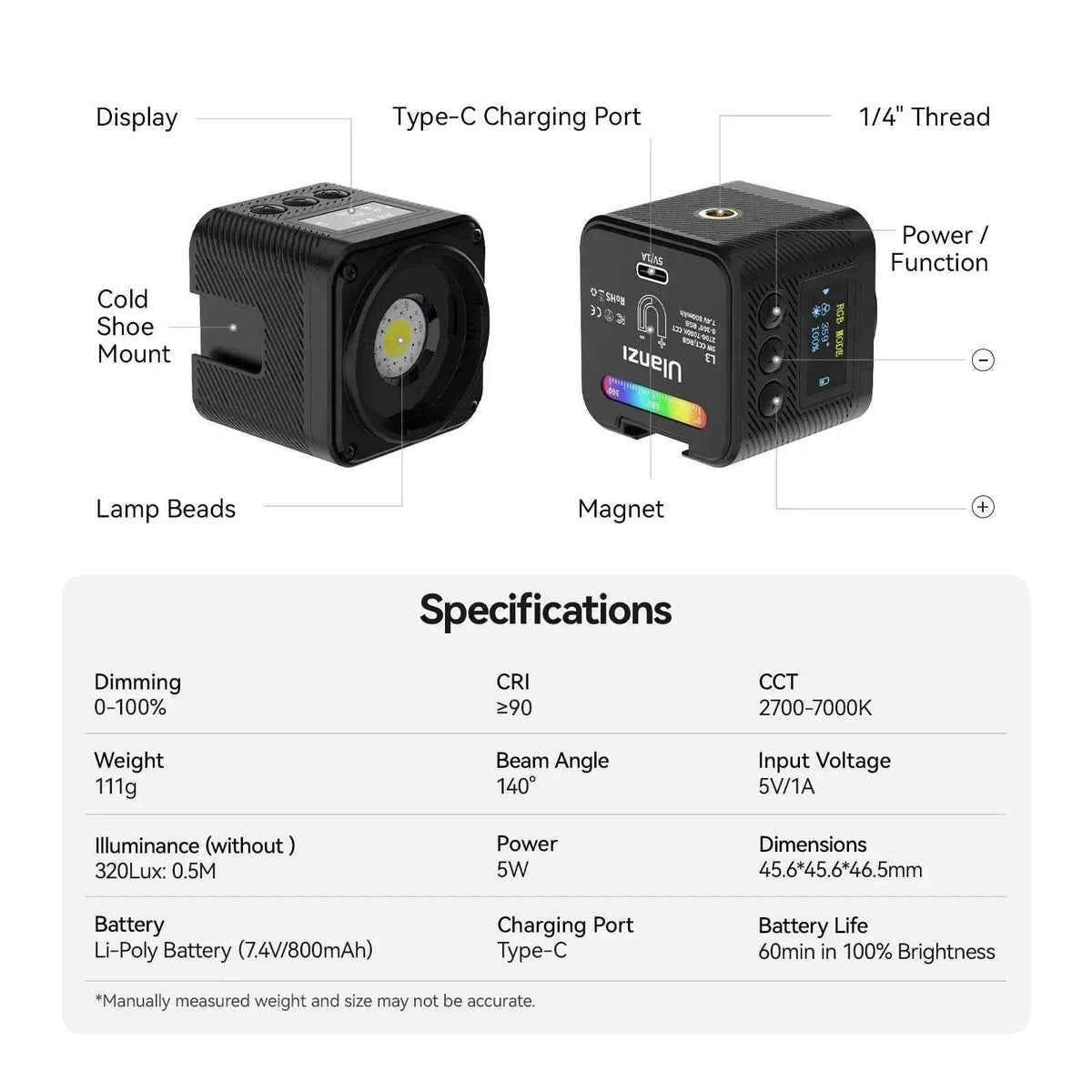 Ulanzi L3 RGB LED Waterproof Video Light Mini Magnetic Cube 2700K 7000K