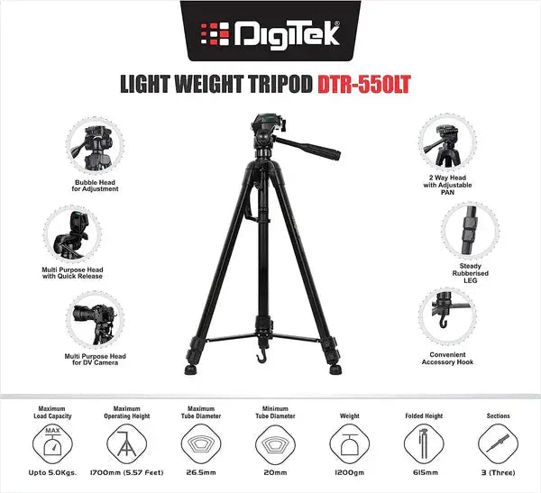 DIGITEK DTR 550LT 65-Inch Lightweight Aluminum Tripod Digitek