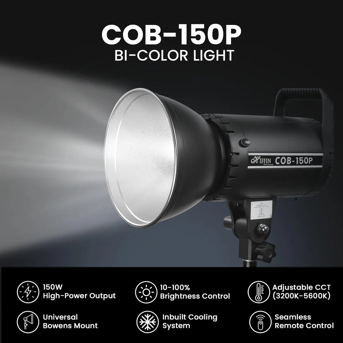 HIFFIN COB-150P 150W Bi-Color LED Video Light for Photography & Videography | 3200K-5600K | 13800 Lux @1m | 18cm Reflector | Infrared Remote Control Hiffin