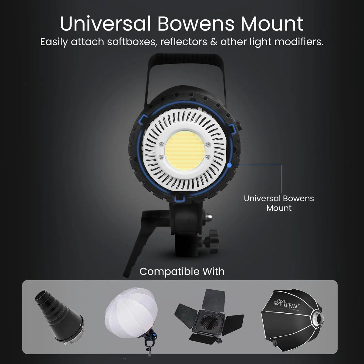 HIFFIN COB-150P 150W Bi-Color LED Video Light for Photography & Videography | 3200K-5600K | 13800 Lux @1m | 18cm Reflector | Infrared Remote Control Hiffin
