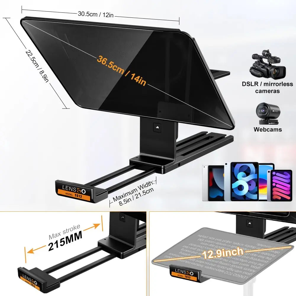 Lensgo TC12 Camera Teleprompter 12.9 Inch for DSLR Smartphone Tablet Lens Go