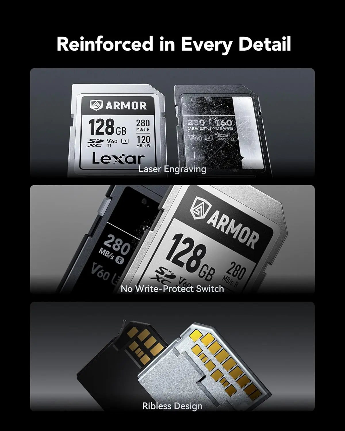 Lexar Armor Silver PRO 128GB UHS-II SDXC Memory Card, Stainless Steel Build, High-Speed Performance for 6K Video Lexar