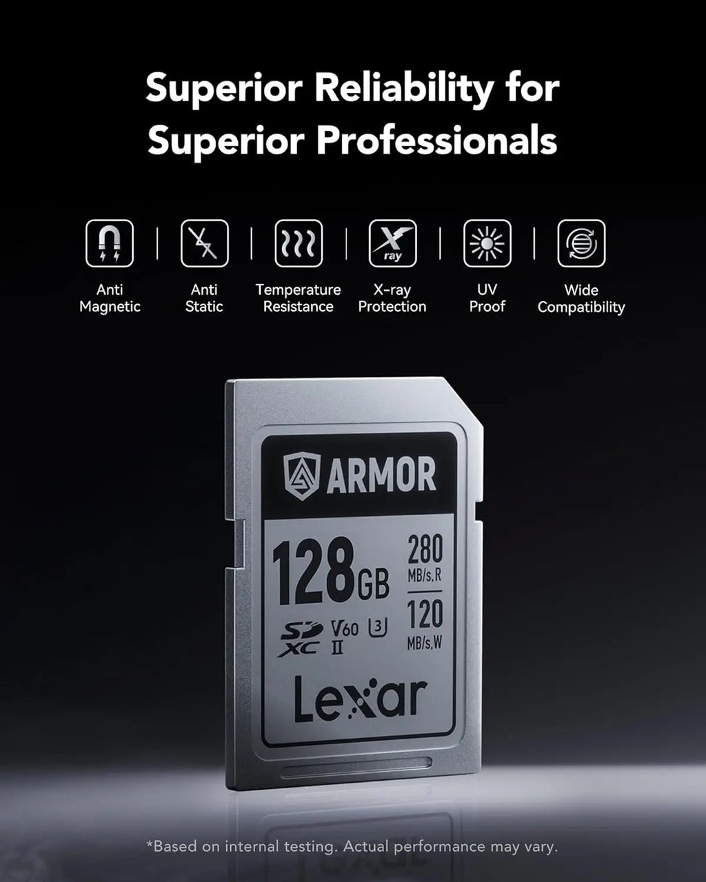 Lexar Armor Silver PRO 128GB UHS-II SDXC Memory Card, Stainless Steel Build, High-Speed Performance for 6K Video Lexar
