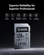 Lexar Armor Silver PRO 128GB UHS-II SDXC Memory Card, Stainless Steel Build, High-Speed Performance for 6K Video Lexar