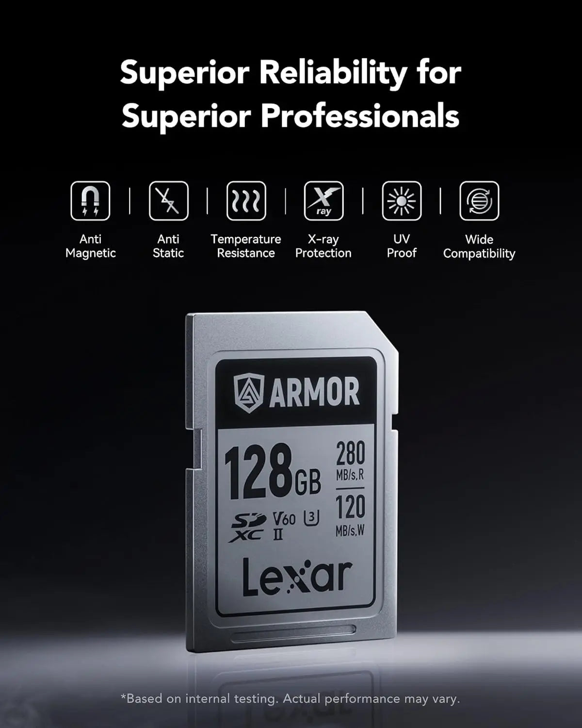 Lexar Armor Silver PRO 128GB UHS-II SDXC Memory Card, Stainless Steel Build, High-Speed Performance for 6K Video Lexar