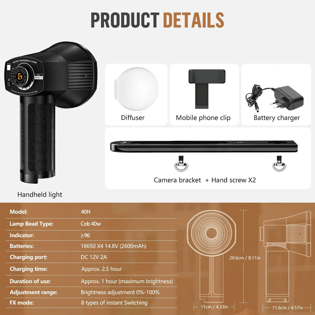 Lensgo 40H Retro Camera Flash Light Rechargeable Bi Color 2700K to 7000K Lens Go