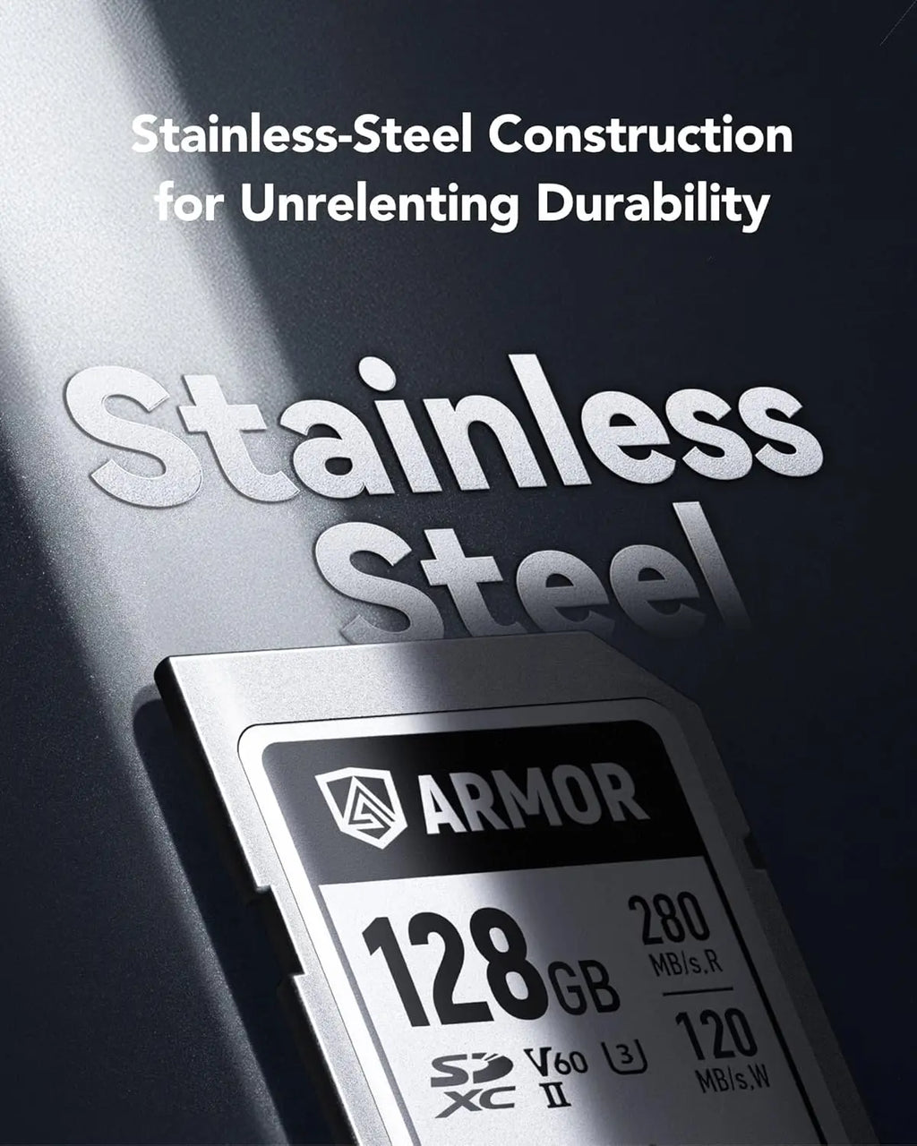 Lexar Armor Silver PRO 128GB UHS-II SDXC Memory Card, Stainless Steel Build, High-Speed Performance for 6K Video Lexar