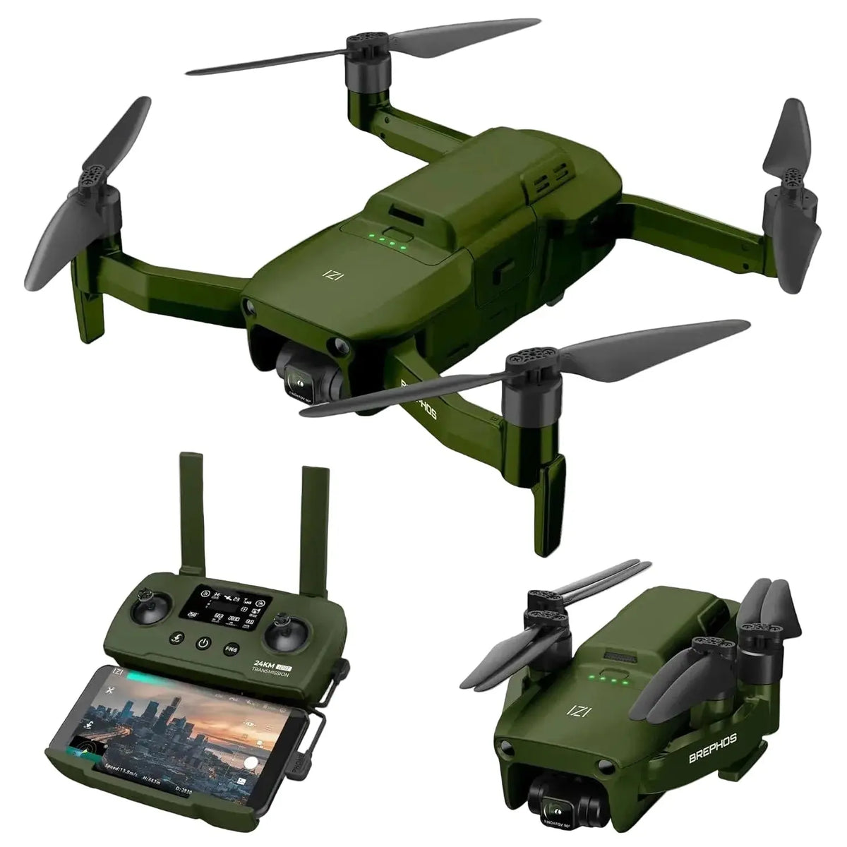 Green drone with remote control and smartphone app on a white background