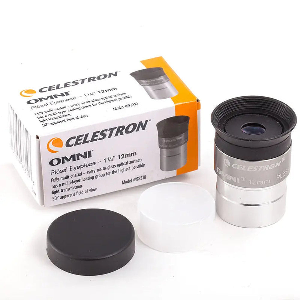 Celestron Omni Series 1.25 inch 12mm Plossl eyepiece and box on white background