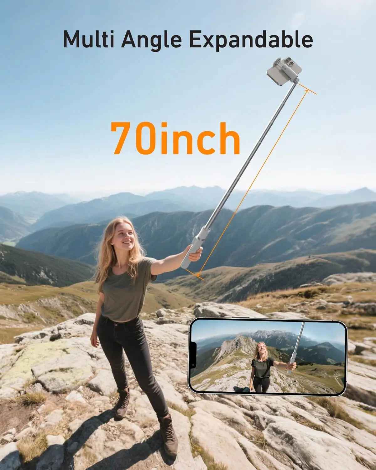 TELESIN 70" Gravity Auto-Open Phone Tripod Stand – Selfie Stick with Bluetooth Remote
