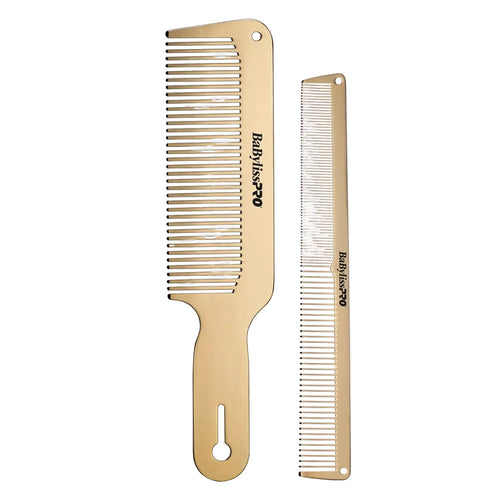 BaBylissPRO GOLDFX Metal Comb Set two gold metal barber combs on white background