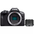 Canon EOS R100 24.1MP mirrorless camera with RF-S 18-45mm lens front view on white background