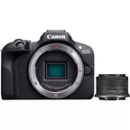 Canon EOS R100 24.1MP mirrorless camera with RF-S 18-45mm lens front view on white background