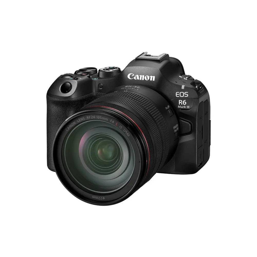 Canon EOS R6 Mark III full-frame mirrorless camera with 24-105mm f/4 L lens angled view