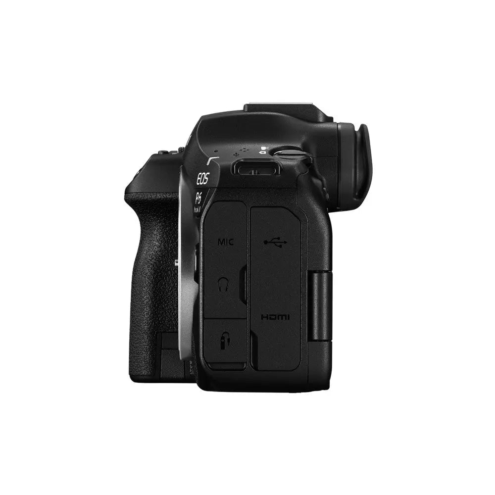 Canon EOS R6 Mark III body side view with USB-C HDMI microphone and headphone ports