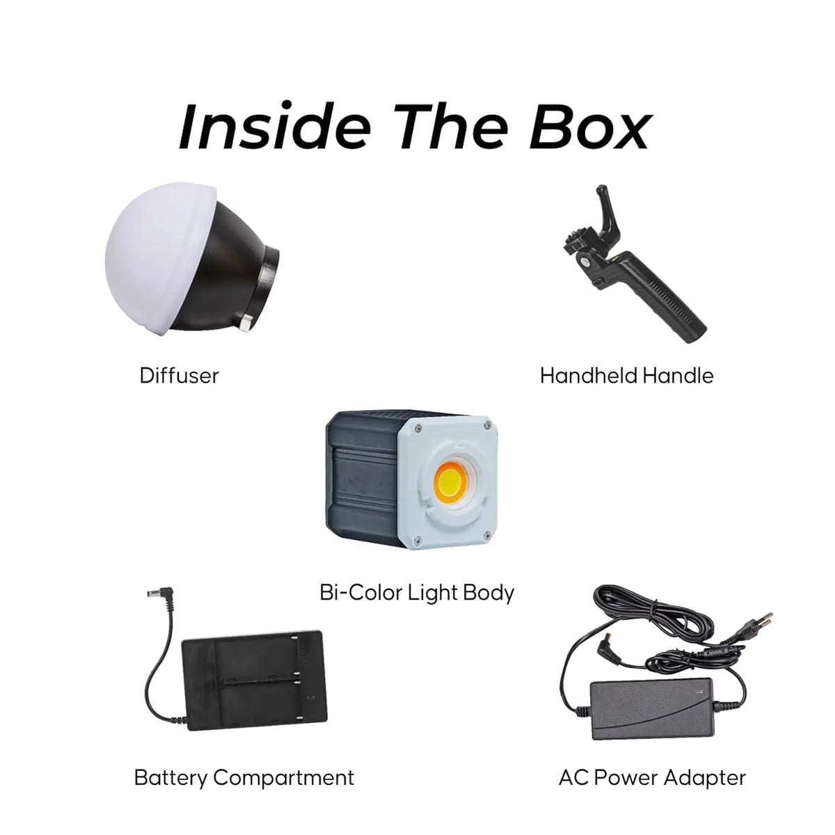 Digitek DCL-60WBC 60W handheld bi-colour light with the included dome diffuser, pistol grip handle, battery holder and AC adapter shown separately on white