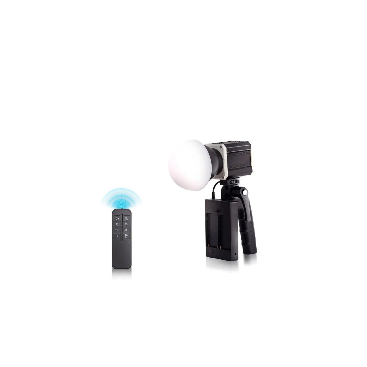 Digitek DCL-60WBC bi-color 60W handheld LED light with dome diffuser, rear battery grip and wireless remote on a clean white background