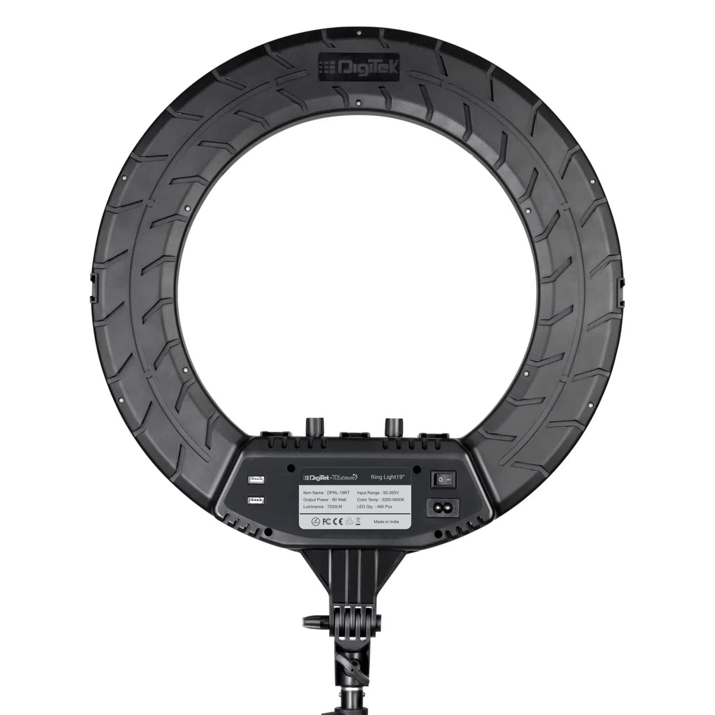 Digitek Platinum DPRL-19RT 19-inch ring light rear housing showing dimmer controls, USB ports and power input