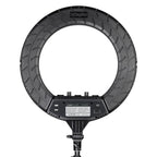 Digitek Platinum DPRL-19RT 19-inch ring light rear housing showing dimmer controls, USB ports and power input