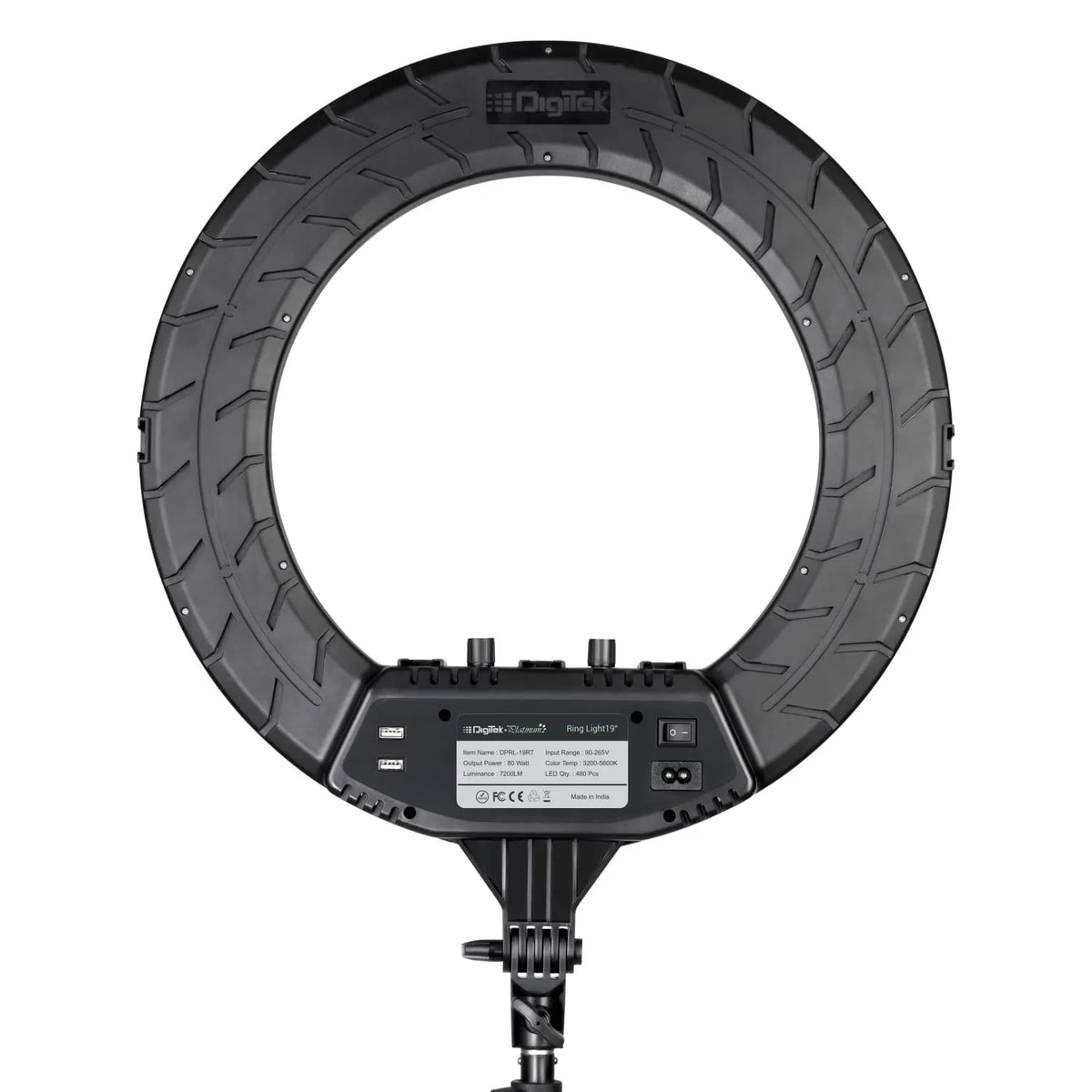 Digitek Platinum DPRL-19RT 19-inch ring light rear housing showing dimmer controls, USB ports and power input