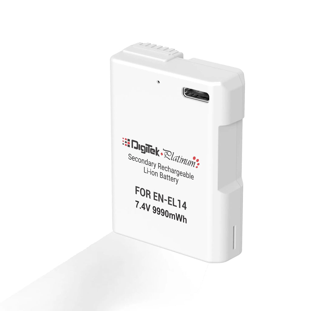 Digitek Platinum EN-EL14 Type-C 1350mAh white camera battery front and USB-C port