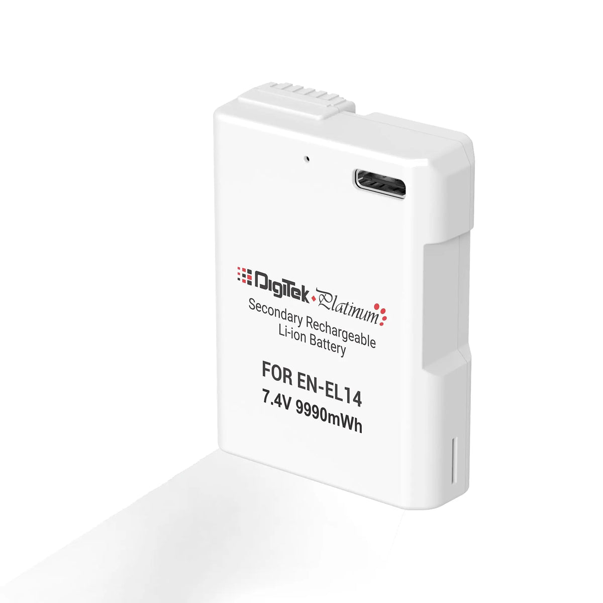 Digitek Platinum EN-EL14 Type-C 1350mAh white camera battery front and USB-C port