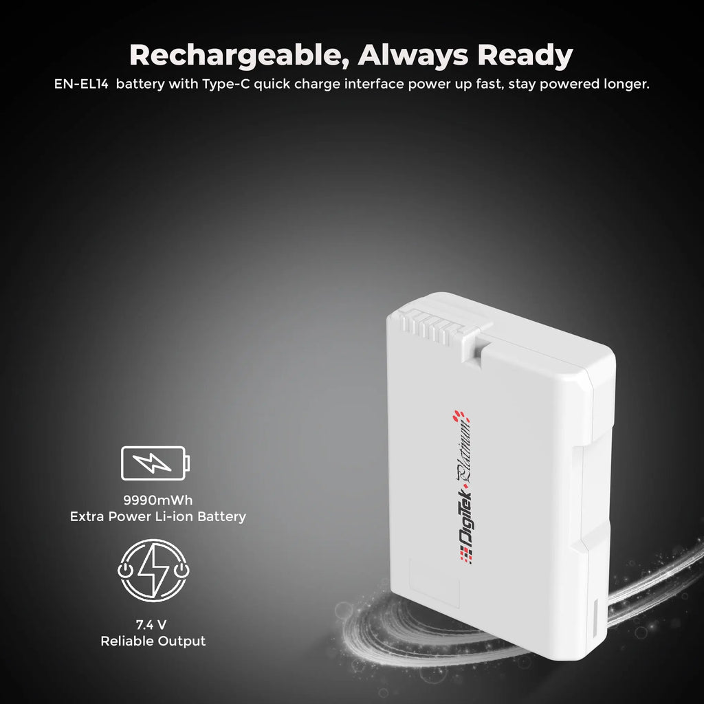 Digitek Platinum EN-EL14 Type-C white battery side profile and rated output information