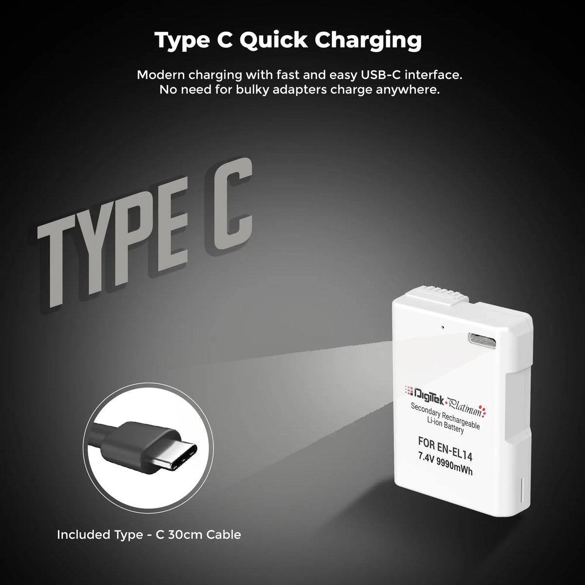Digitek Platinum EN-EL14 USB-C rechargeable battery and manufacturer cable illustration
