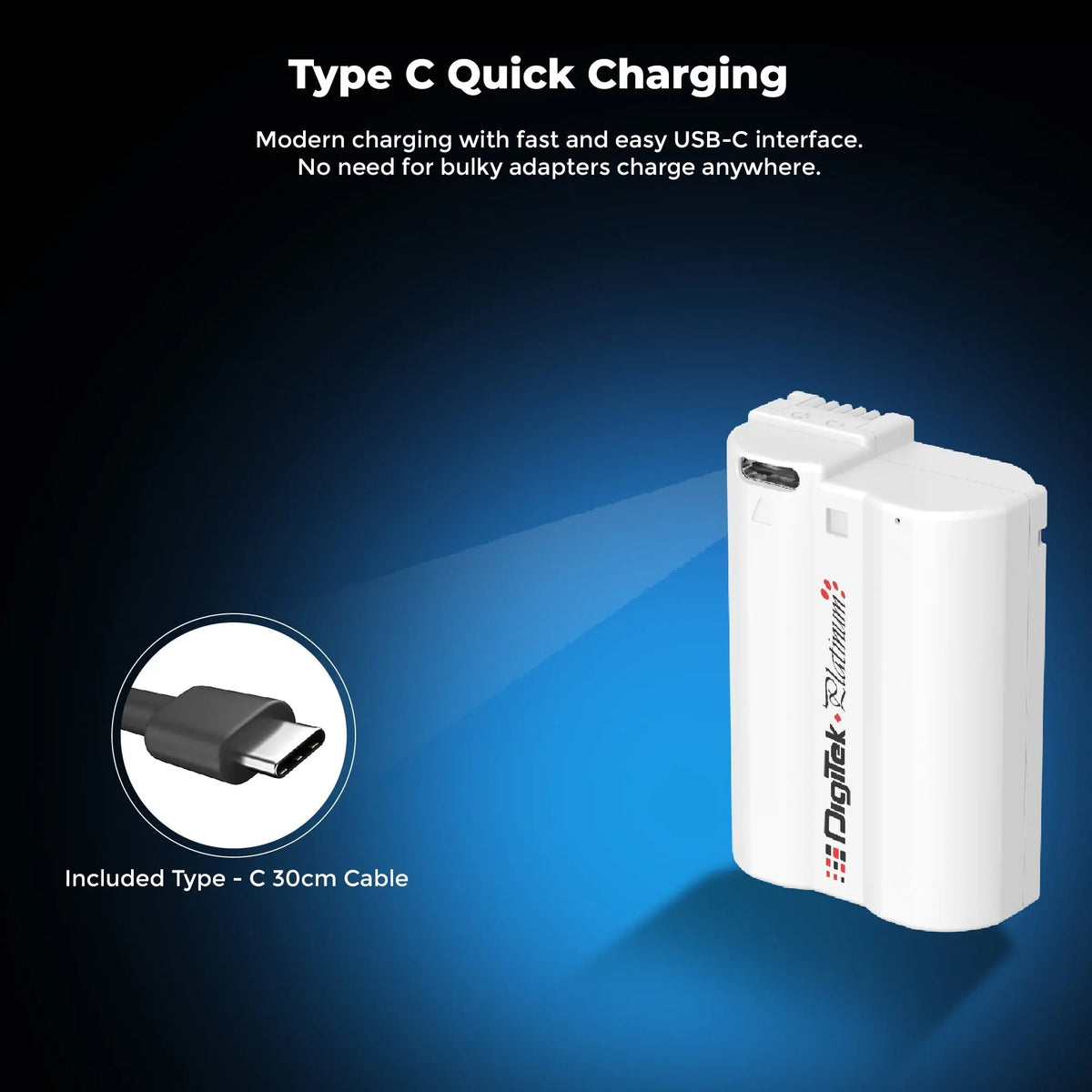 Digitek Platinum EN-EL15 Type-C USB-C charging feature and cable in manufacturer image