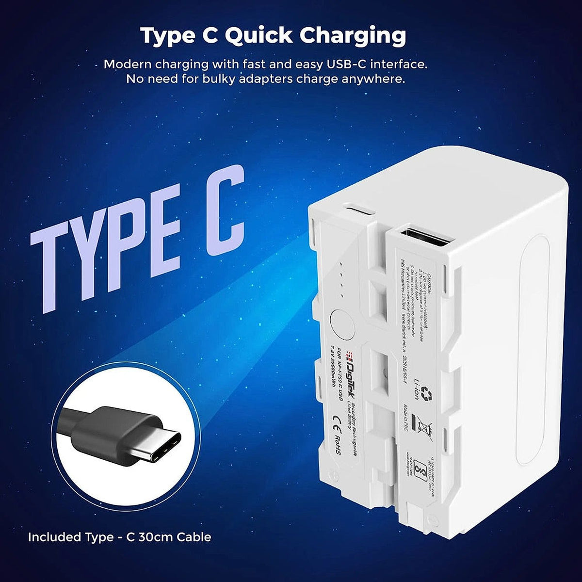 Digitek NP-F750C Type-C charging battery detail