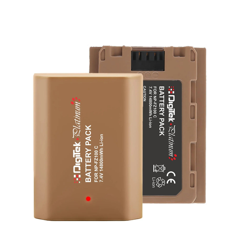 Digitek Platinum NP-FZ100C Combo two gold 14800mWh batteries showing front and rear labels