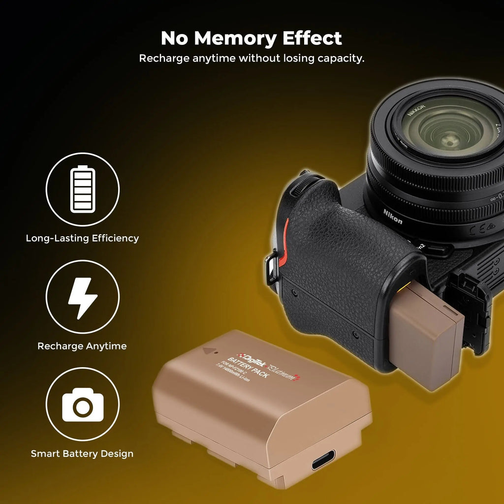Digitek Platinum NP-FZ100C Combo batteries and Type-C charging beside Sony camera for compatibility illustration; camera not included