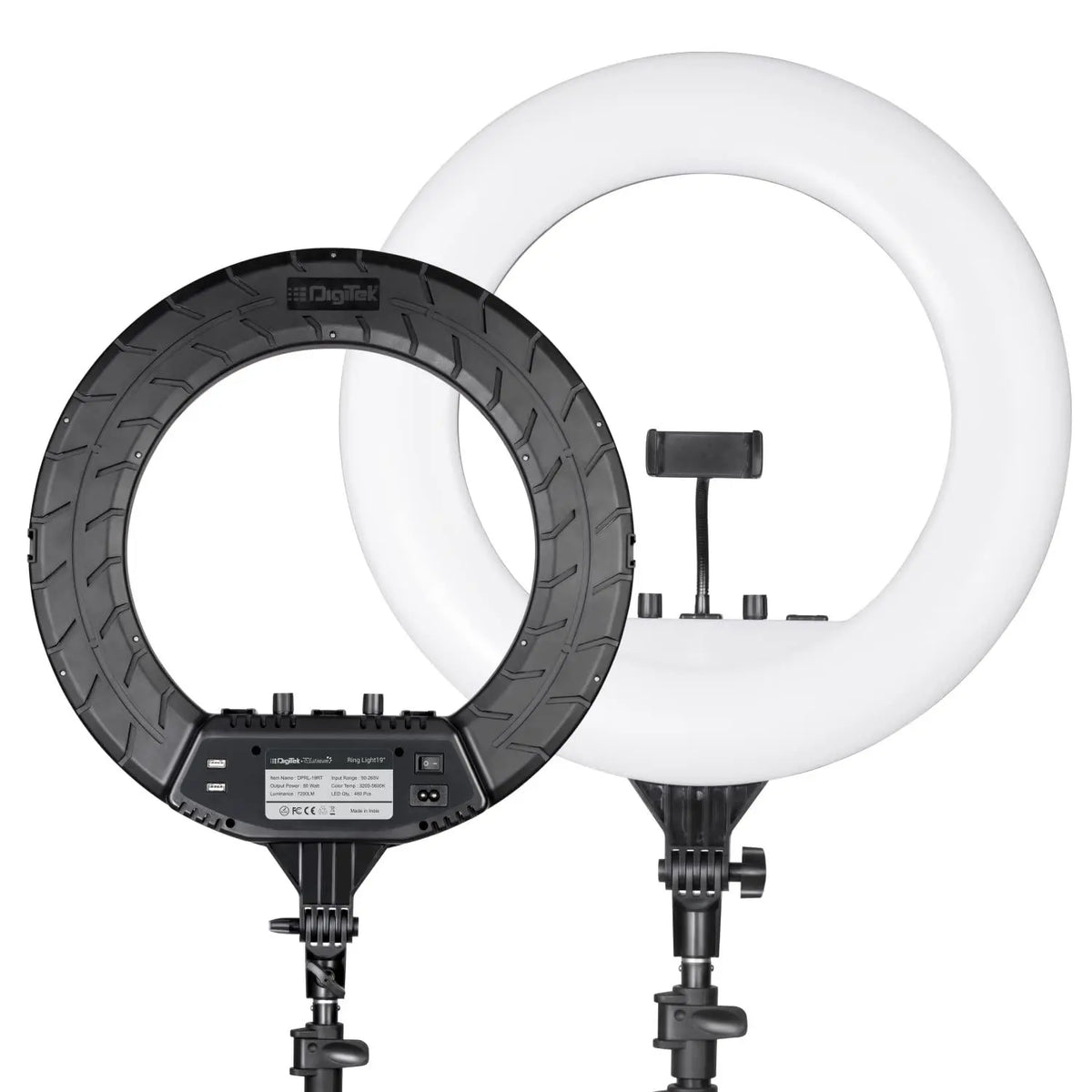 Digitek Platinum DPRL-19RT ring light front diffuser and rear controls with central phone holder
