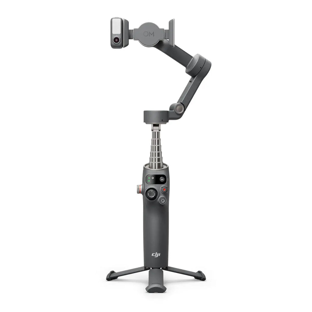 DJI Osmo Mobile 7P smartphone gimbal with built-in extension rod and tripod on white background