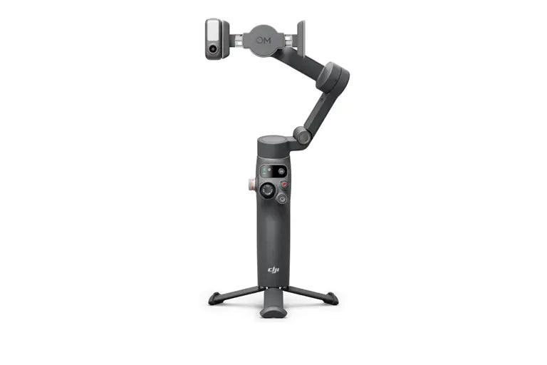 DJI Osmo Mobile 7P three-axis phone gimbal front view with integrated tripod on white background