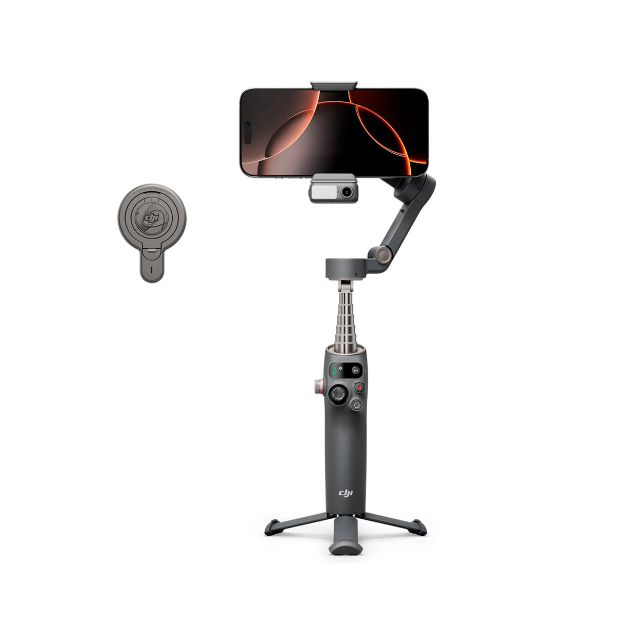 DJI Osmo Mobile 7P gimbal holding smartphone with magnetic quick-release mount and integrated tripod