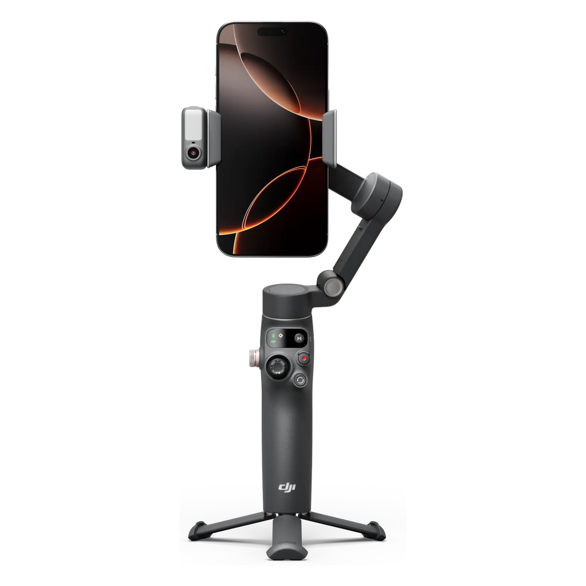 DJI Osmo Mobile 8 smartphone gimbal stabilizer upright on integrated tripod with phone