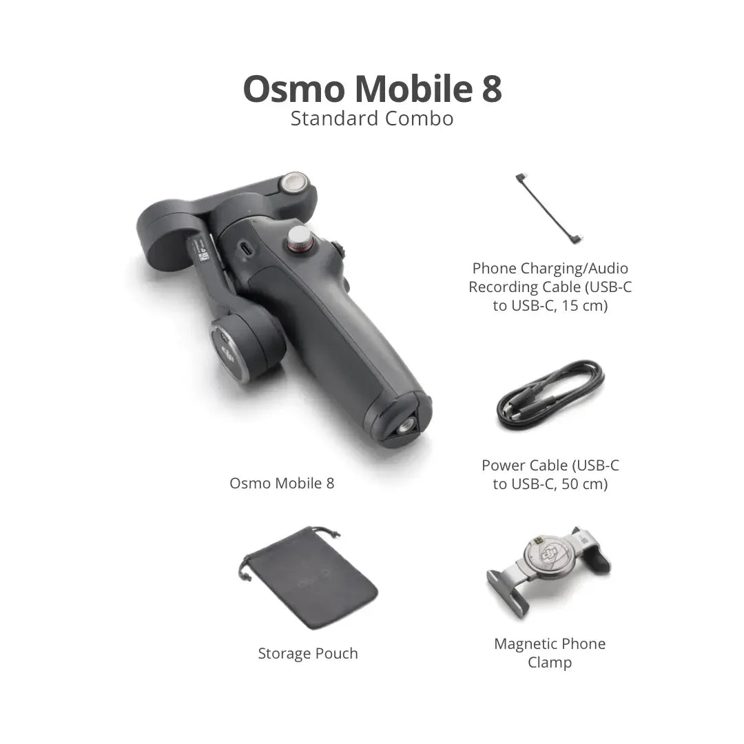 DJI Osmo Mobile 8 Standard Combo gimbal and included accessories on white background