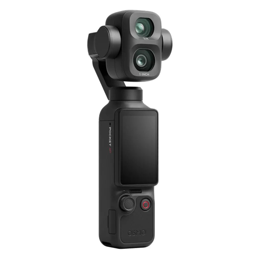 DJI Osmo Pocket 4P black dual-lens gimbal camera, angled front view with rotating touchscreen