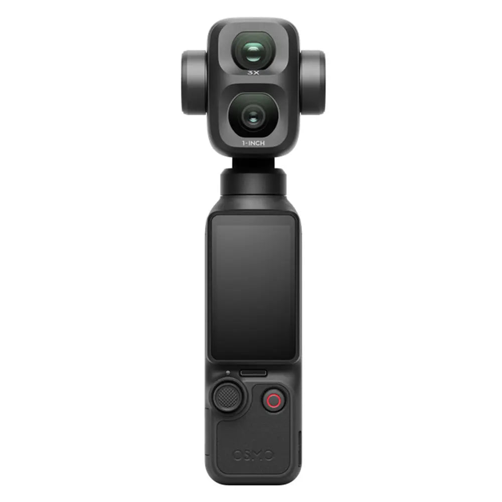 DJI Osmo Pocket 4P front view showing wide-angle and 3x telephoto cameras on a white background