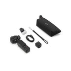 DJI Osmo Pocket 4P Standard Combo black with fill light, handle, USB-C cable, wrist strap and carrying pouch on white