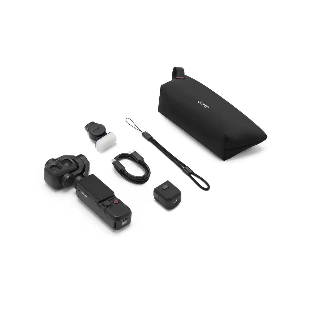 DJI Osmo Pocket 4P Standard Combo black with fill light, handle, USB-C cable, wrist strap and carrying pouch on white