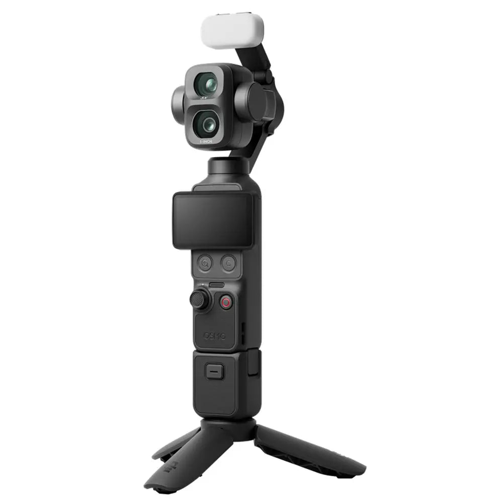 DJI Osmo Pocket 4P Vlog Combo camera on mini tripod with fill light and handle attached