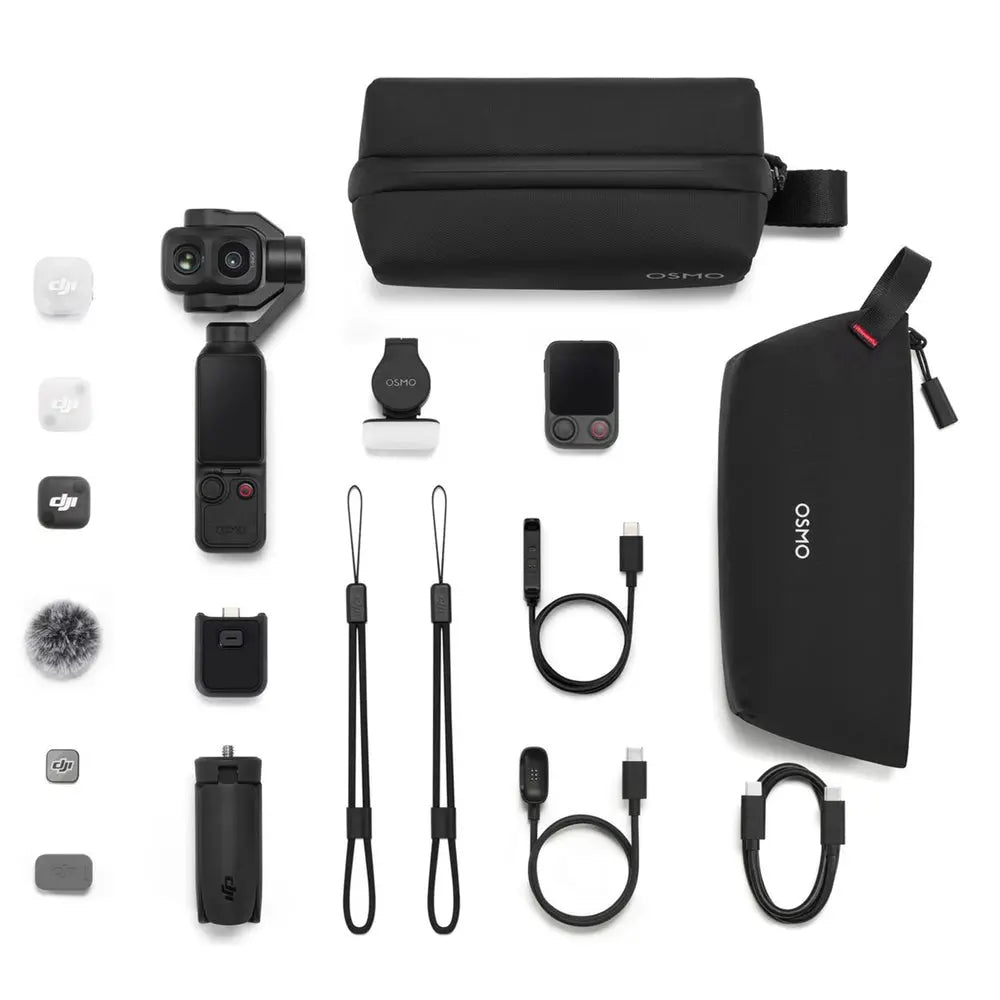 DJI Osmo Pocket 4P Vlog Combo complete accessories arranged on white, including remote, microphone and charging cables
