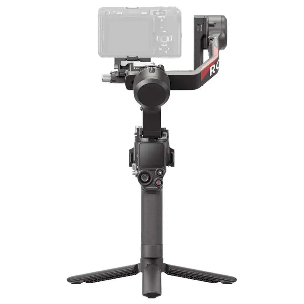 DJI RS 4 camera gimbal front view with touchscreen and grip