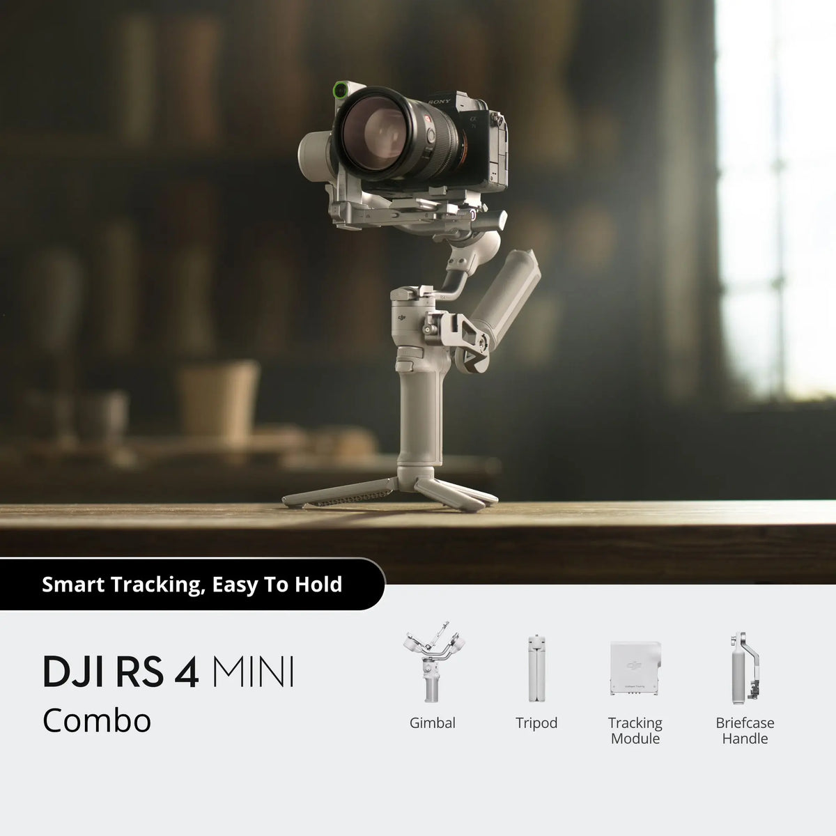 DJI RS 4 Mini Combo holding a mirrorless camera with tracking module