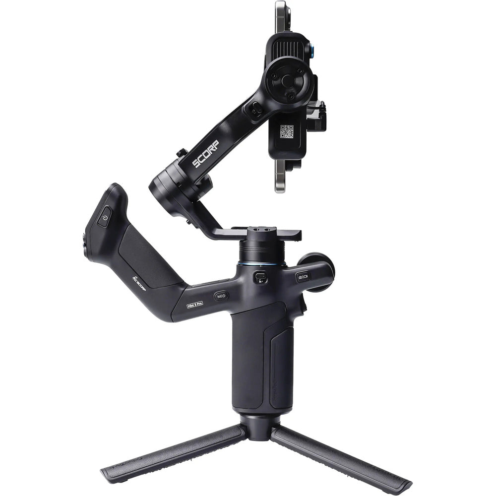 FeiyuTech SCORP Mini 3 Pro gimbal only on fold-out tripod, three-quarter front view