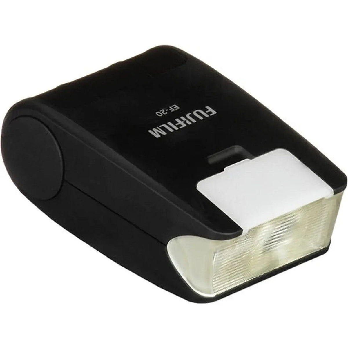Top-front view of the Fujifilm EF-20 shoe-mount flash showing its fold-out wide-angle diffuser.