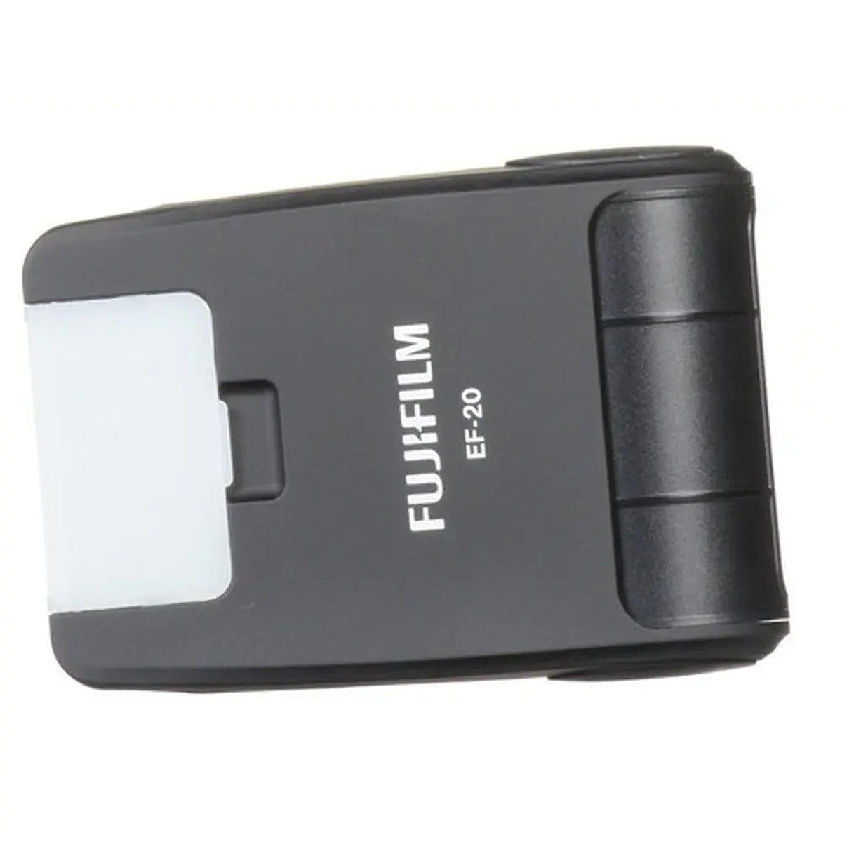 Top view of the Fujifilm EF-20 flash showing the model marking and folded wide-angle diffuser.
